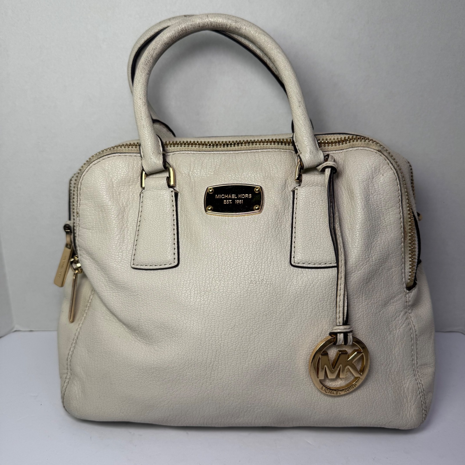 Michael Kors Double Zip Top Handle Satchel Handbag Cream Pebbled Leather & Strap